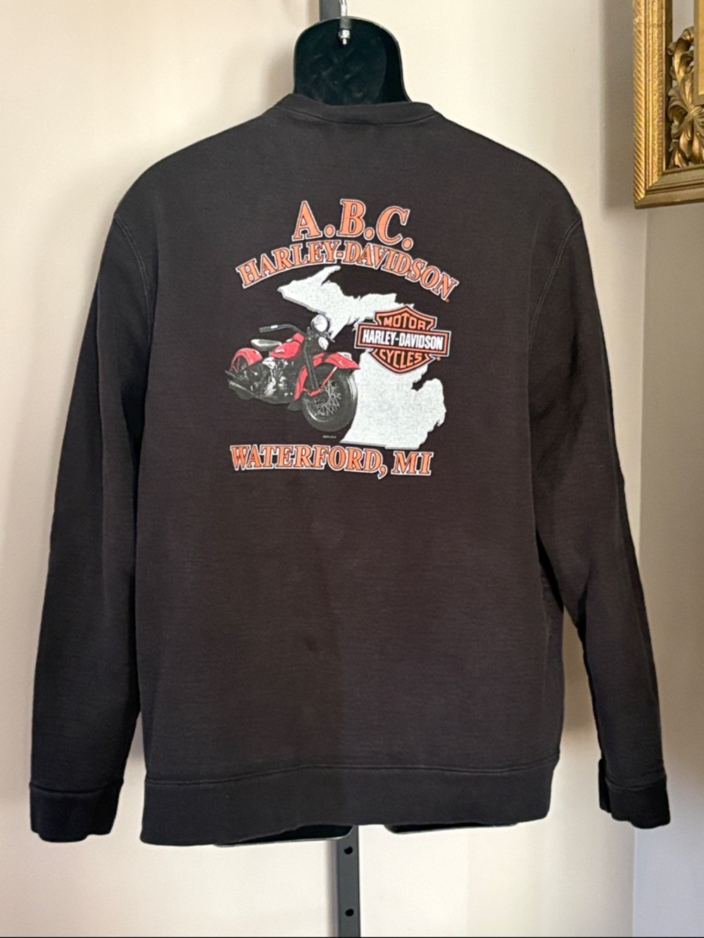 Harley Davidson Black Crewneck Sweatshirt ABC Waterford Motorcycle